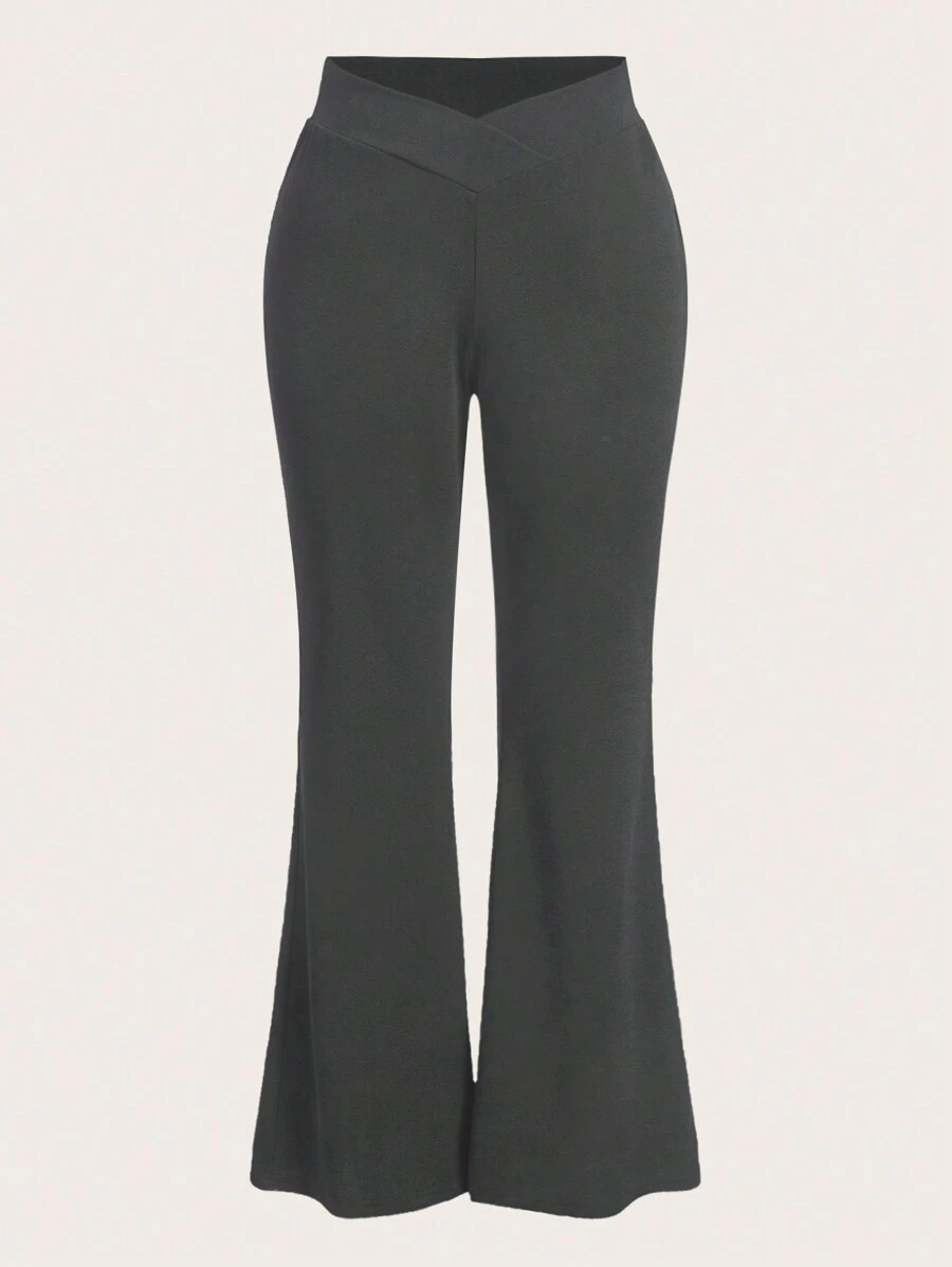 SHEIN EZwear Women'S Plus Size Solid Color Flared Trousers With V-Shaped Waistline Fall - Grey - View 1