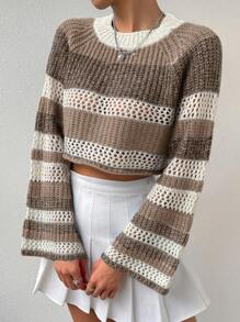 Flirla Women's Color Block Striped Round Neck Raglan Sleeve Casual Knit Pullover Fall Winter Sweater - Mocha Brown - View 6