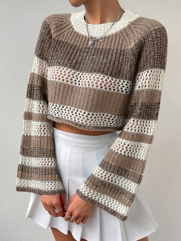 Women's Color Block Striped Round Neck Raglan Sleeve Casual Knit Pullover Fall Winter Sweater