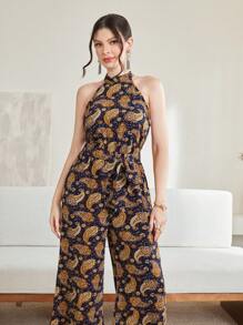 Mulvari Paisley Print Belted Halter Jumpsuit - Multicolor - View 4