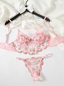 Durchsichtiges Blumen besticktes Dessous-Set aus Netzstoff, BH und Slip Set