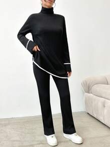 EURMUSE Women's High Neck Ribbed Long Sleeve T-Shirt And Pants Two Piece Set - Black - View 6