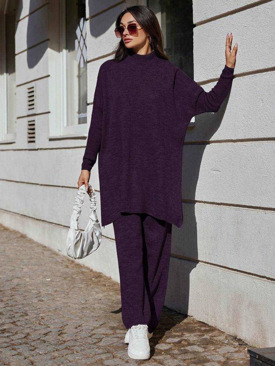 EURMUSE Women's Solid Color Batwing Sleeve Knitted Sweater Set (2 Pieces) - Violet Purple - View 1