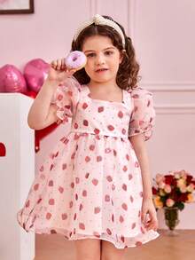 SHEIN Young Girl Square Neck Puff Sleeve Mesh Strawberry Pattern Dress - Multicolor - View 3