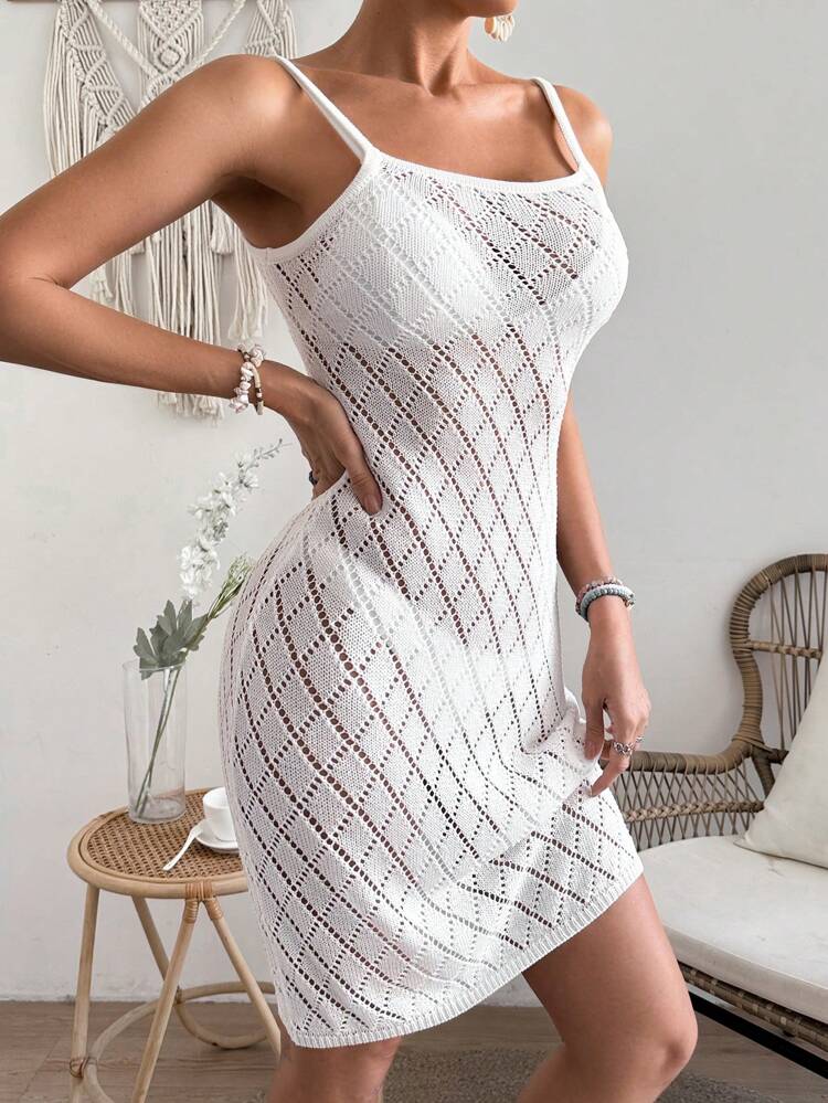 1pc Eyelet Knitted Cami Sweater Dress