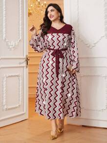 Al Najma Burgundy Red Women'S Plus Size Sequined Belt With Sawtooth Pattern & Printed Patchwork Design Arabic Clothing