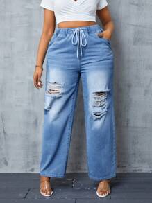 SHEIN Women's Plus Size Washed Distressed Jeans With Drawstring Waist - Light Wash - View 1