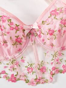 Durchsichtiges Blumen besticktes Dessous-Set aus Netzstoff, BH und Slip Set