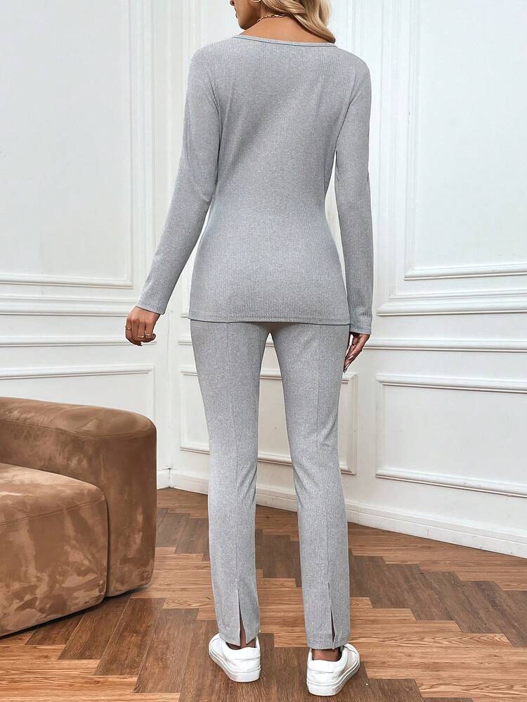 Women'S Ribbed Long Sleeve T-Shirt & Leggings Two Piece Set Fall Cloth For Women