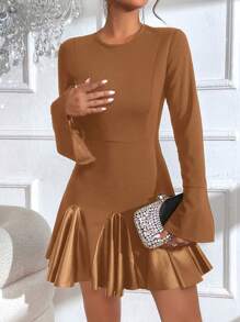 SHEIN LUNE Vestido Con Vuelo Y Dobladillo De Encaje Con Mangas Acampanadas Para Mujer - Caqui - Ver 4