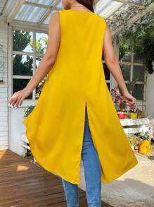 Breezaya Kích thước lớn Của phụ nữ Màu thuần Viền bất đối xứng Bọc Trở lại Áo Với Cái nĩa cao - Màu vàng - Xem 2