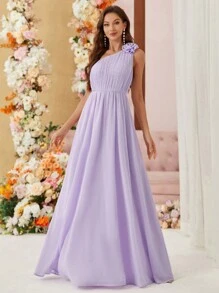 SHEIN Belle Váy dài một vai dành cho nữ Váy dài bằng vải chiffon xếp li xiên trang trí hoa oải hương chảy và thân thiện với làn da Váy phù dâu bằng vải voan thoải mái - Màu tím hoa cà - Xem 3