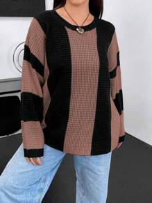 Flirla Plus Size Round Neck Color Block Sweater Knit Pullover Fall Winter - Mocha Brown - View 5
