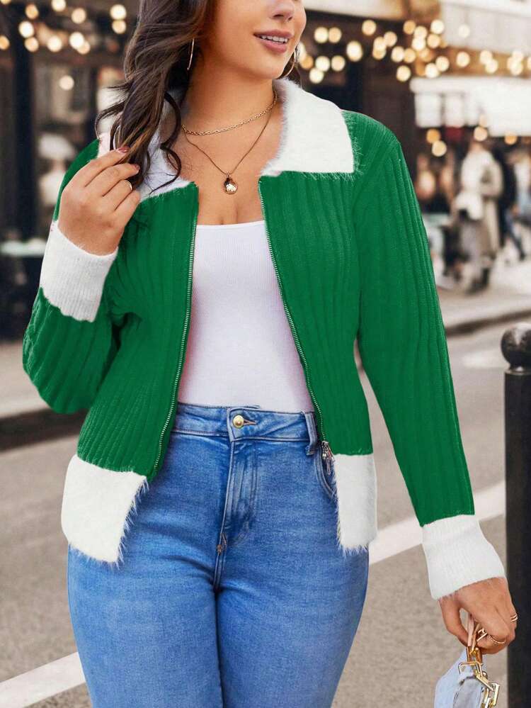 Plus Size Fuzzy Mixed Color Panel Zippered Cardigan Sweater