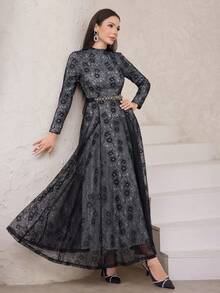 Modelyn Women'S Floral Pattern Stand Collar Arab Style Long Sleeve Dress - Black - View 5