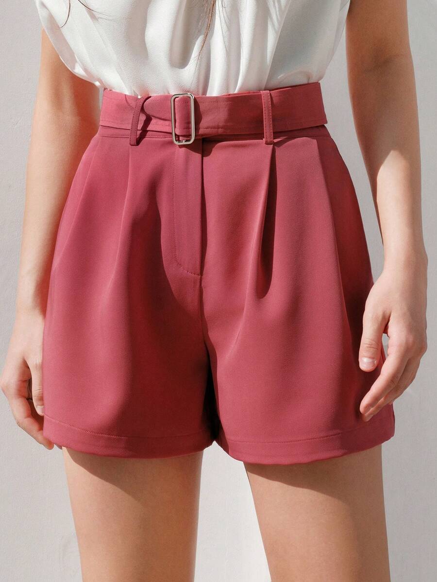 Anewsta Solid Color Belted Shorts - Red - View 1