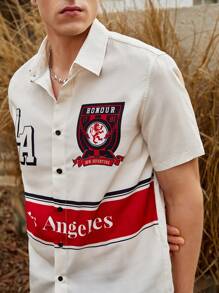 Manfinity VCAY Camisa de tejido con estampado de letras de color contrastante, corte holgado para hombre