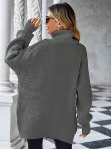 EURMUSE Women'S High Neck Drop Shoulder Long Sleeve Sweater - Grey - View 2