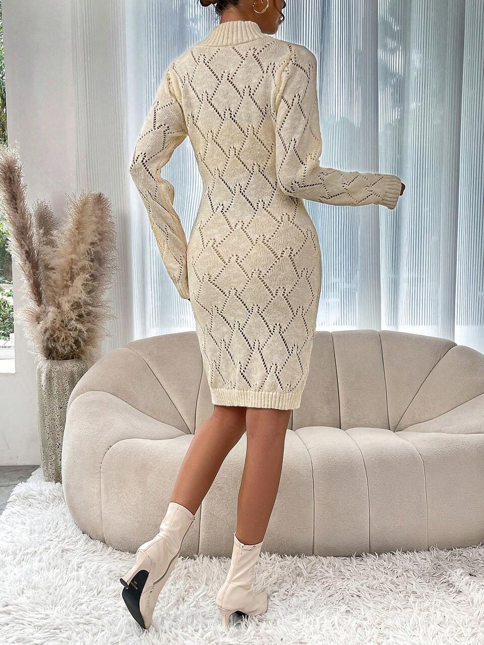 Stand Collar Eyelet Knit Sweater Dress Fall Cloth For Women