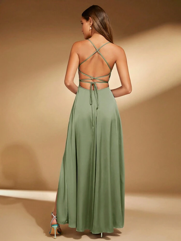 SHEIN Belle Vestido de dama de honor para mujer con gran escote en la espalda y abertura alta, vestido elegante - Verde - Añade 3