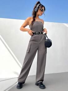 SHEIN EZwear 有口袋無肩帶工裝連身褲 - 灰色 - 查看 4