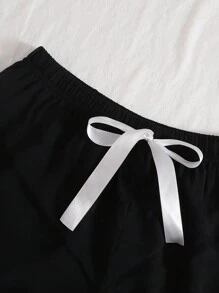 Lapel Contrast Binding Tie Front PJ Set / Pajama Set, Vacation