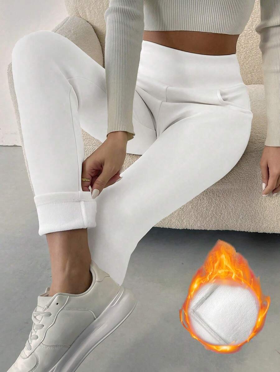 SHEIN LUNE Quần legging giữ nhiệt lót nhiệt màu trơn - trắng - Xem 1