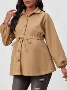 SHEIN Maternity Blouses Kolor Tombol Depan Plain Casual - Khaki - View 4