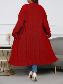 SHEIN LUNE Suéter En Cardigan Largo Para Mujer De Talla Grande Con Cierre De Botones Y Color Sólido - Rojo - Ver 2