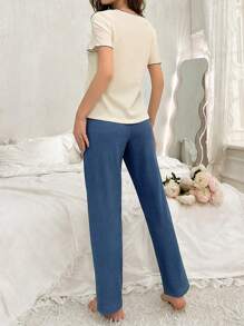 Conjunto De Ropa Cómoda Para Mujer Con Top De Detalle De Contraste Y Pantalones De Color Sólido - Beis - Ver 2