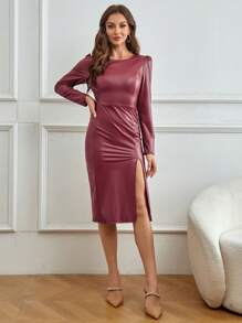 SHEIN Privé 女士純色圓領高開衩緊身連身裙 - 紅色 - 查看 5