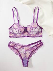Của phụ nữ Thêu hoa Lưới Nội y sexy Bộ - Màu tím - Xem 3