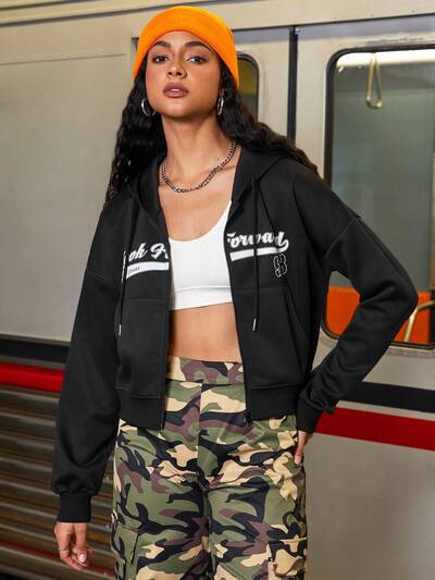 Letter Print Drawstring Hooded Crop Sports Jacket