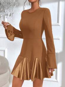 SHEIN LUNE Vestido Con Vuelo Y Dobladillo De Encaje Con Mangas Acampanadas Para Mujer - Caqui - Ver 7
