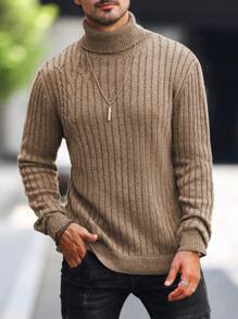 Manfinity Homme Suéter De Manga Larga Con Cuello Alto Para Hombre - Albaricoque - Ver 4