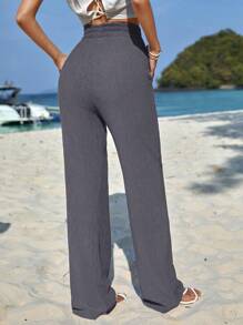 EURMUSE High Waist Slant Pocket Straight Leg Pants - Dark Grey - View 2