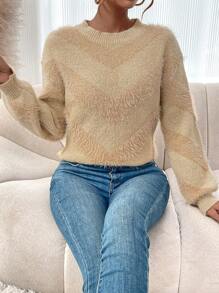 SHEIN LUNE Women's Loose Fuzzy Sweater With Dropped Shoulder Knit Pullover Fall Winter Sweater - Khaki - View 6