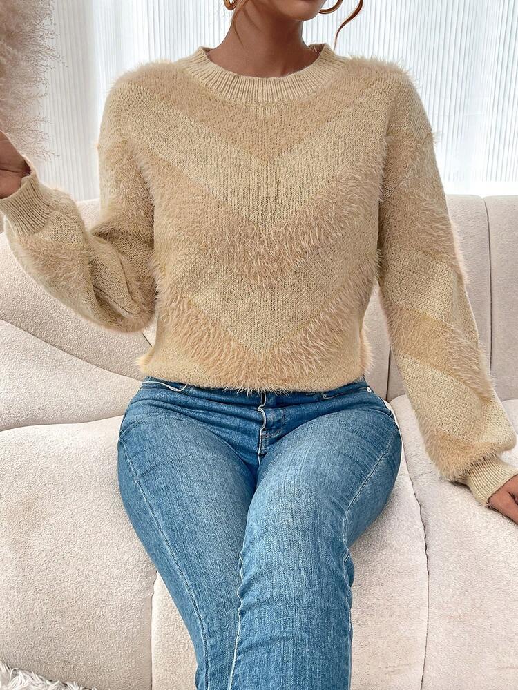 Women's Loose Fuzzy Sweater With Dropped Shoulder Knit Pullover Fall Winter Sweater