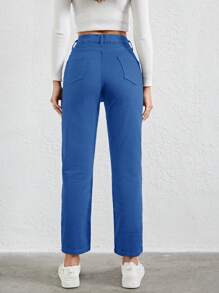 RueChic 女士純色斜口直腳牛仔褲 - 中等水洗藍 - 查看 2