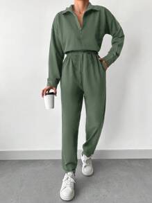 EURMUSE Women's Half Zipper Sweatshirt And Joggers Set - Army Green - View 4