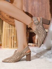 Simple Embroidered Pu Material Pointed Toe Chunky High Heel Shoes With Ankle Strap For Women
