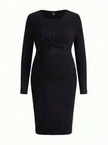 SHEIN Maternity Twist-Front Ribbed Bodycon Dress - Multicolor - View 8