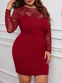 SHEIN Privé 大碼女士蕾絲拼接修身包身連衣裙 - 紅色 - 查看 6