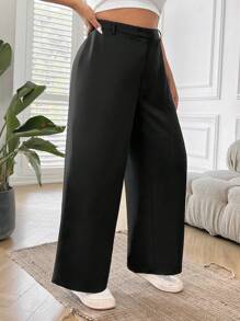 SHEIN EZwear 秋冬女士大码纯色直筒西装裤毕业、返校、教师装 - 黑色 - 查看 5