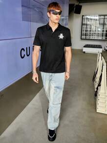 Mainfolk Men's Short Sleeve Polo Shirt With Letter Print - Black - View 5