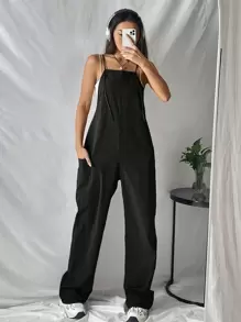 SHEIN EZwear 女式純色細肩寬腿連身褲 - 黑色 - 查看 1