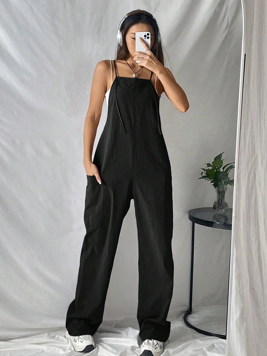 SHEIN EZwear 女式純色細肩寬腿連身褲 - 黑色 - 查看 1