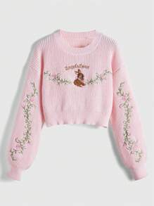 ROMWE Kawaii Của phụ nữ Dễ thương Thỏ , Lá thư , Hoa hồng , Và Thêu Tay áo lồng đèn Áo len - Hồng - Xem 1