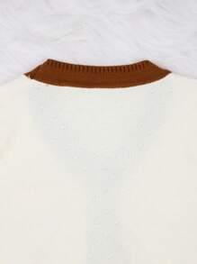 SHEIN 小女孩對比邊織開衫,搭配純色毛衣和褲子套裝,冬季款式 - 卡其色 - 查看 6