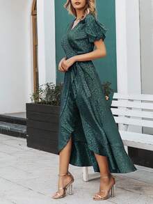 Simplee Flutter Sleeve Wrap Belted Jacquard Satin Dress - Green - View 3